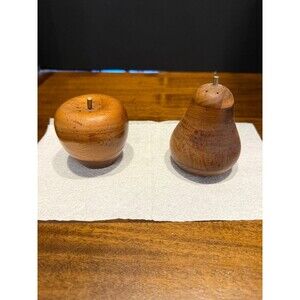 Vintage Wood Salt & Pepper Shakers Set Apple & Pear w/Brass Stems